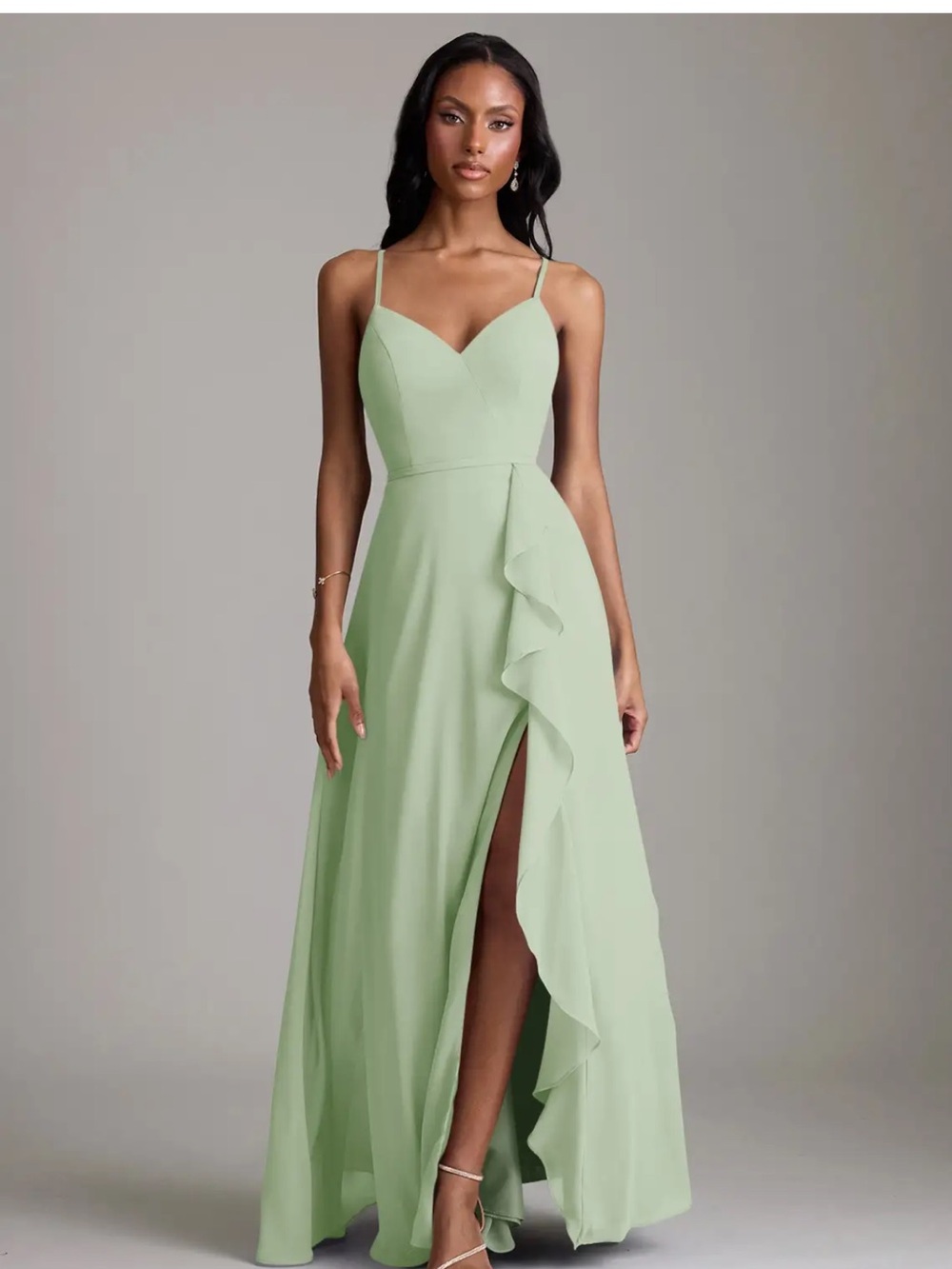 Azazie Mint Green Spaghetti Strap Ruffle Slit Gown